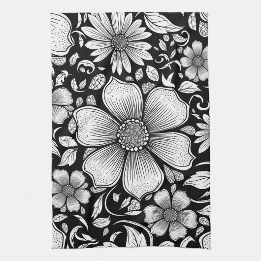 Elegantes monochromes Blumenluxus-Muster (6) Geschirrtuch (Vertikal)