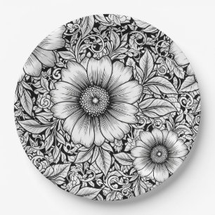 Elegantes monochromes Blumenluxus-Muster (7) Pappteller