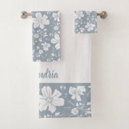 elegantes monochromes Blumenmuster blau grau Badhandtuch Set