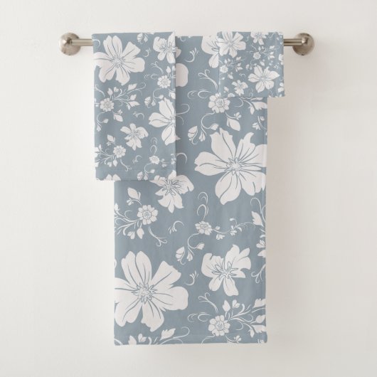 elegantes monochromes Blumenmuster blau grau Badhandtuch Set (Insitu)
