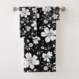 elegantes monochromes Blumenmuster schwarz weiß Badhandtuch Set