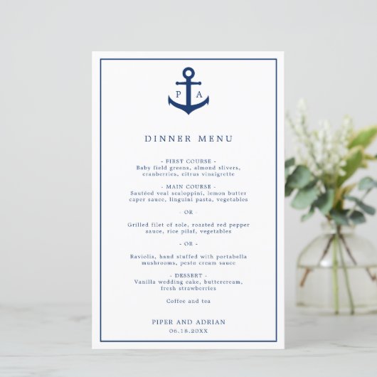 Elegantes Monogram Anchor Nautical Wedding Menu (Stehend Vorderseite)