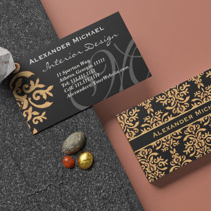 Elegantes Monogram Black and Gold Damask Business Visitenkarte