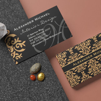 Elegantes Monogram Black and Gold Damask Business Visitenkarte