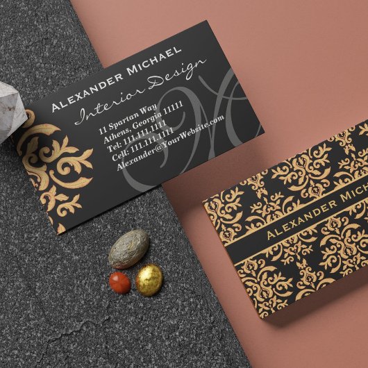 Elegantes Monogram Black and Gold Damask Business Visitenkarte