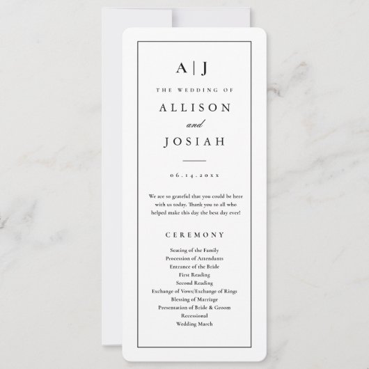 Elegantes Monogram Black and White Wedding Program Einladung (Vorderseite)