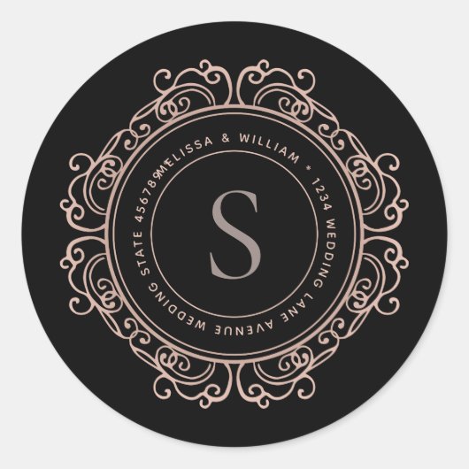 Elegantes Monogram Black Copper Blush-Address-Sieg Runder Aufkleber (Vorderseite)