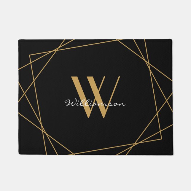Elegantes Monogram Black Gold Add Name Script Fußmatte (Vorderseite)