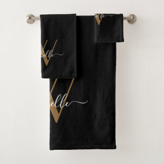 Elegantes Monogram Black Gold Name Script Badhandtuch Set