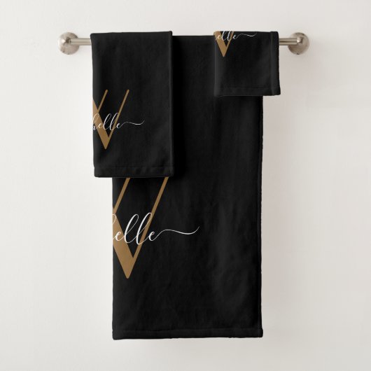 Elegantes Monogram Black Gold Name Script Badhandtuch Set (Insitu)