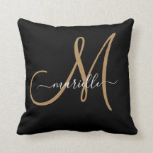 Elegantes Monogram Black Gold Name Throw Pillow