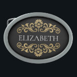 Elegantes Monogram Black Gold Ovale Gürtelschnalle<br><div class="desc">Eine elegante Schwarz-Gold-Schnalle blüht. So Chic und stilvoll! Fügen Sie Ihren Namen zwischen den goldenen Blüten auf der Vorderseite geblüht. Entworfen für Sie von BlackBerry Boulevard.</div>