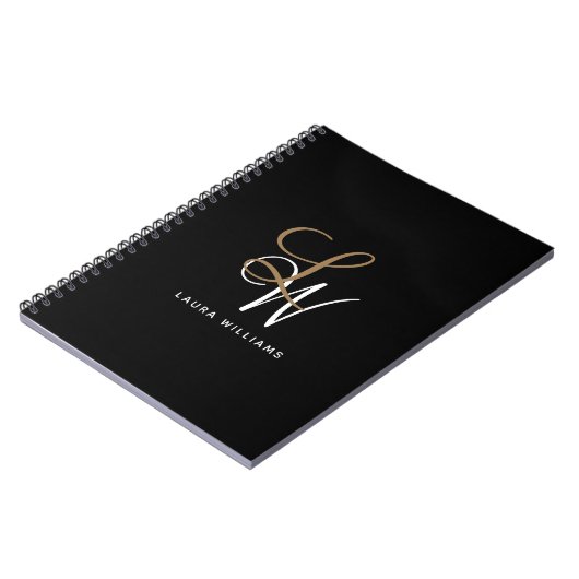 Elegantes Monogram Black Gold Script Notebook Notizblock (Linke Seite)