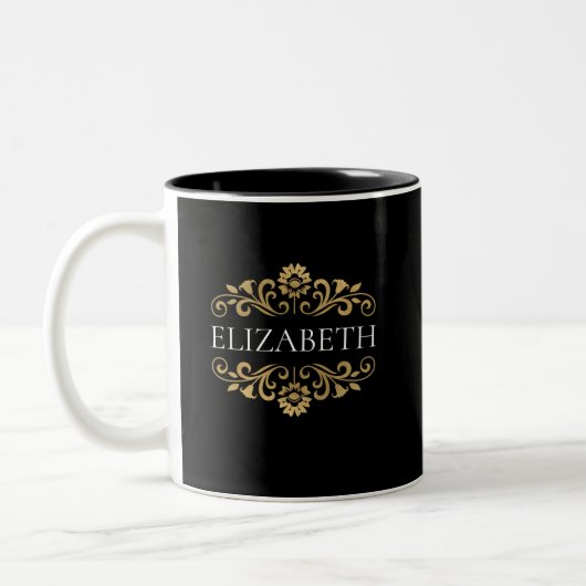 Elegantes Monogram Black Gold Zweifarbige Tasse (Links)