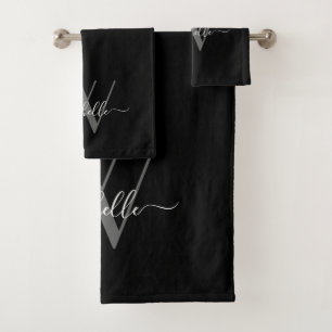 Elegantes Monogram Black Graue Name Script Badhandtuch Set