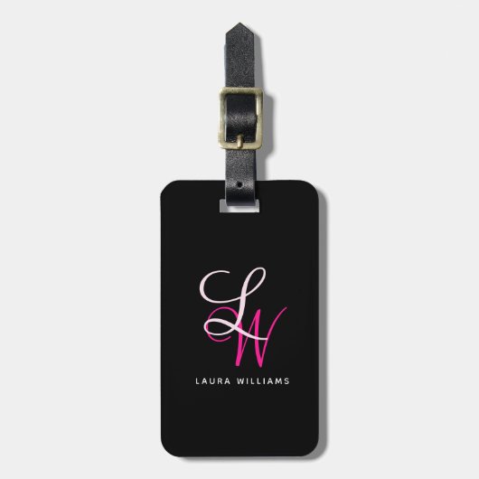 Elegantes Monogram Black Pink Script Gepäckanhänger (Vorderseite vertikal)