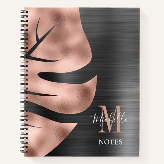Elegantes Monogram Black Rose Gold Leaf Notizblock (Vorderseite)