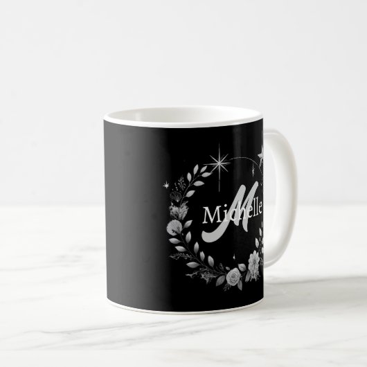 Elegantes Monogram Black Silver Script Kaffeetasse (VorderseiteRechts)
