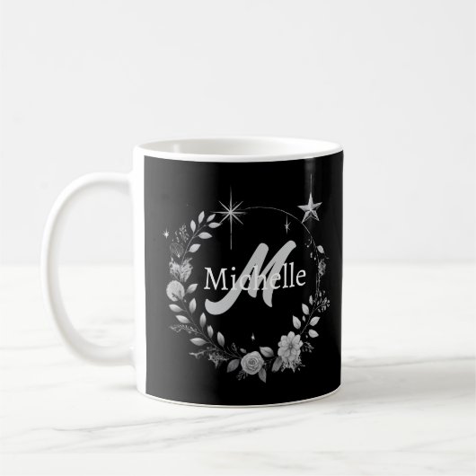 Elegantes Monogram Black Silver Script Kaffeetasse (Links)
