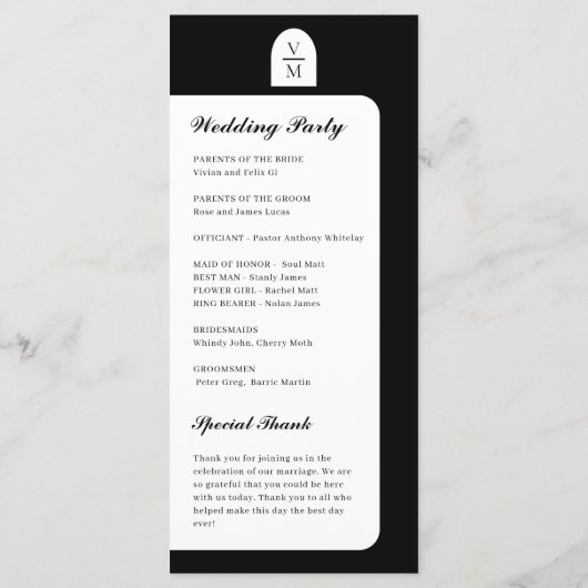 Elegantes Monogram Black Wedding Programm (Rückseite)