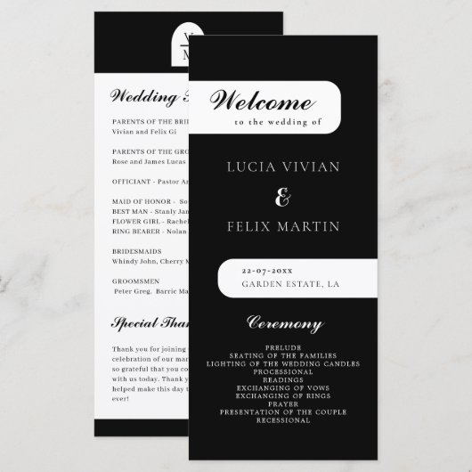 Elegantes Monogram Black Wedding Programm (Vorne/Hinten)