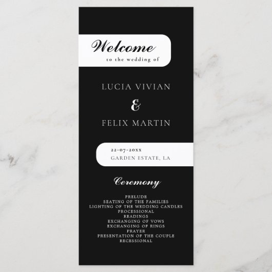 Elegantes Monogram Black Wedding Programm (Vorderseite)