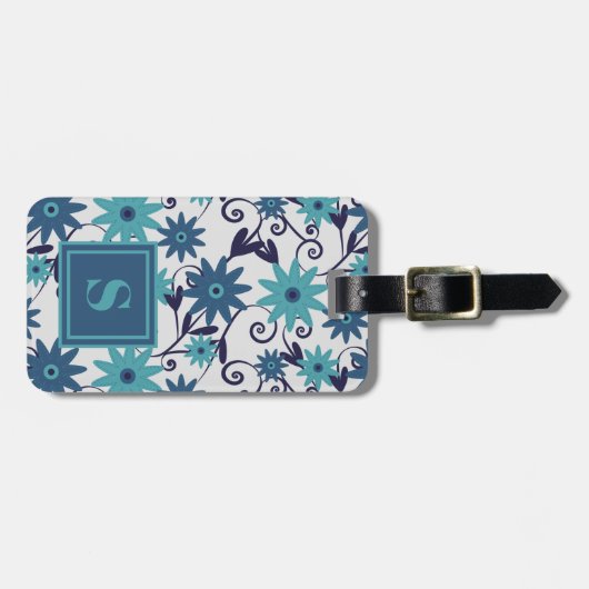 Elegantes Monogram Blue Turquoise Blume Muster Gepäckanhänger (Vorderseite horizontal)
