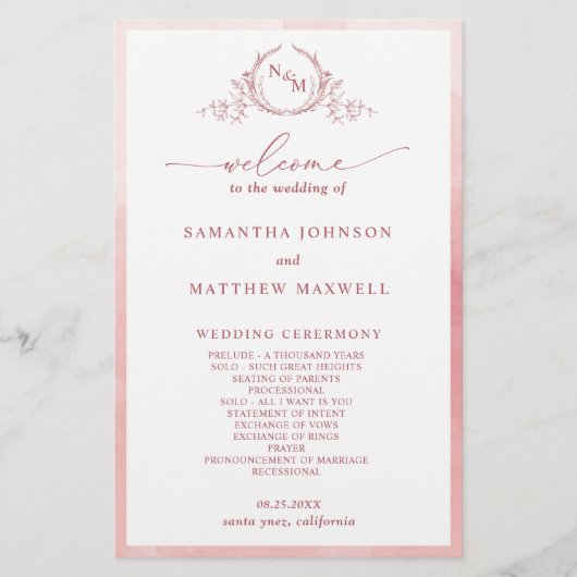 Elegantes Monogram Blush Pink-Hochzeitsprogramm (Vorderseite)
