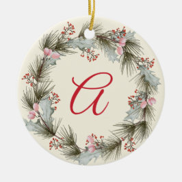 Elegantes Monogram Christmas Wreath Family Foto Keramik Ornament