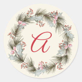 Elegantes Monogram Christmas Wreath Family Foto Runder Aufkleber