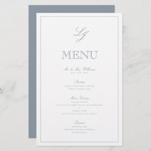 Elegantes Monogram Dusty Blue Script Wedding Menu (Vorne/Hinten)