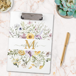 Elegantes Monogram Farbiges Wildblumengarten-Blume Klemmbrett