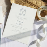 Elegantes Monogram Floral Wappen Dusty Blue Weddin Einladung<br><div class="desc">Die Einführung des eleganten Monogram Wappen Wedding Invitation in Celestial Blue Farben. Erhöhen Sie Ihre Hochzeitsankündigung mit zeitloser Eleganz und himmlischem Charme. Mit seinem aufwändigen Monogramm-Wappen und seinem zarten Drehbuch Set diese Einladung den Ton für eine wirklich bezaubernde Feier. Mit dieser exquisiten Einladungssuite lassen Sie Ihren Tag unvergesslich werden.</div>