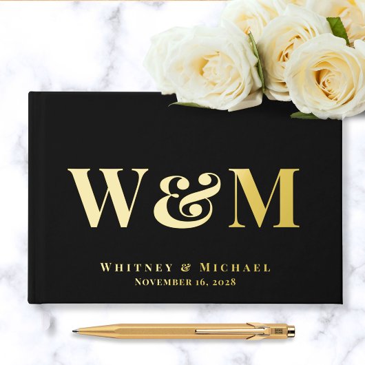 Elegantes Monogram Foto Black Wedding Gästebuch