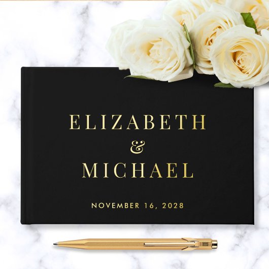 Elegantes Monogram Foto Black Wedding Gästebuch