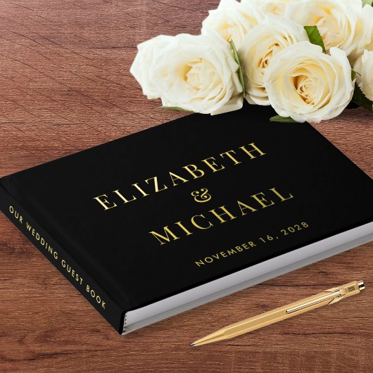 Elegantes Monogram Foto Black Wedding Gästebuch