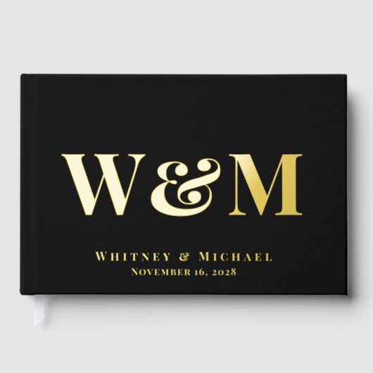 Elegantes Monogram Foto Black Wedding Gästebuch (Vorderseite)