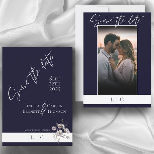 Elegantes Monogram Foto Caligraphy Dark Navy Save The Date