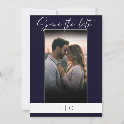 Elegantes Monogram Foto Caligraphy Dark Navy Save The Date (Rückseite)