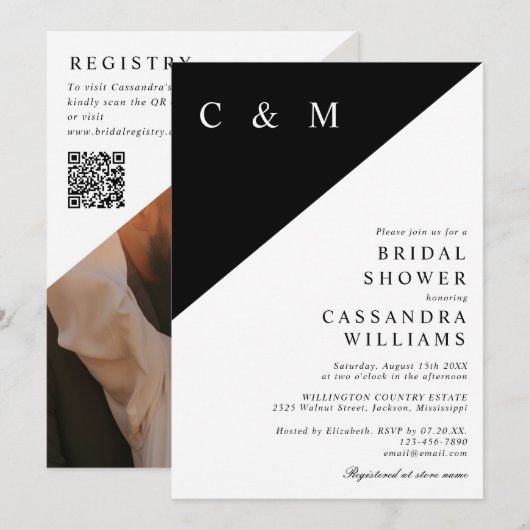 Elegantes Monogram Foto QR Code Brautparty Einladung (Vorne/Hinten)