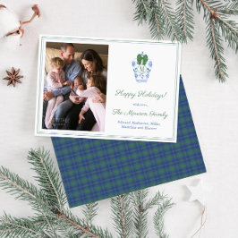 Elegantes Monogram Green Bow Family Foto Weihnacht Feiertagskarte
