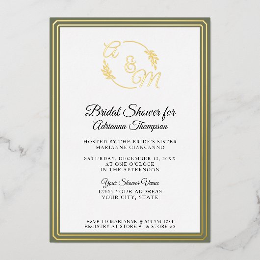 Elegantes Monogram Green Gold Brautparty Folieneinladung (Vorderseite)