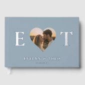 Elegantes Monogram Heart Blue Wedding Guest Book Gästebuch (Vorderseite)