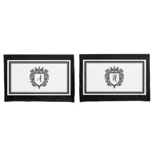 Elegantes Monogram-Initials-Wappen Schwarz auf Wei Kissenbezug