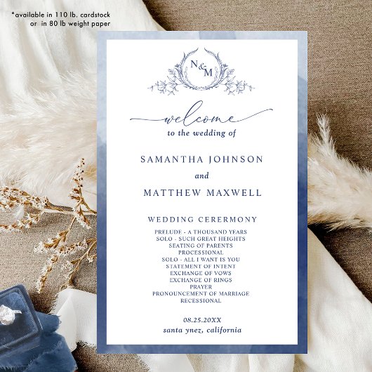 Elegantes Monogram Navy Blue Wedding Program
