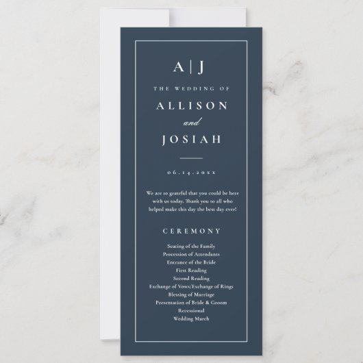 Elegantes Monogram Navy Blue Wedding Program Einladung (Vorderseite)