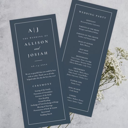 Elegantes Monogram Navy Blue Wedding Program Einladung