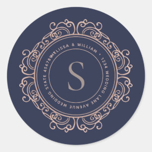 Elegantes Monogram Navy Copper Blush Address Siege Runder Aufkleber