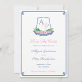 Elegantes Monogram Navy Pink Roses Wedding Wappen Save The Date (Vorderseite)