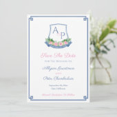 Elegantes Monogram Navy Pink Roses Wedding Wappen Save The Date (Stehend Vorderseite)